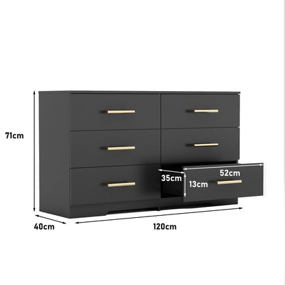 Large 6 Drawers Chest Of Drawer Dressers Table With Golden Handle - Black