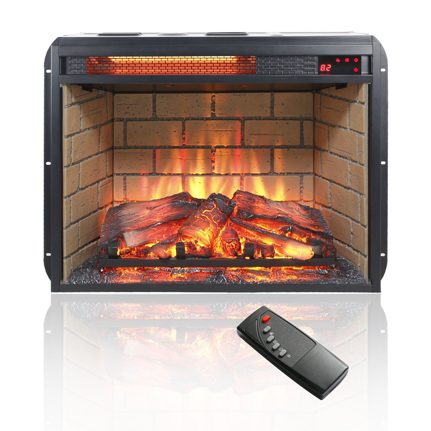 23" Infrared Quartz Heater Fireplace Insert -Woodlog Version With Brick - Antique Black