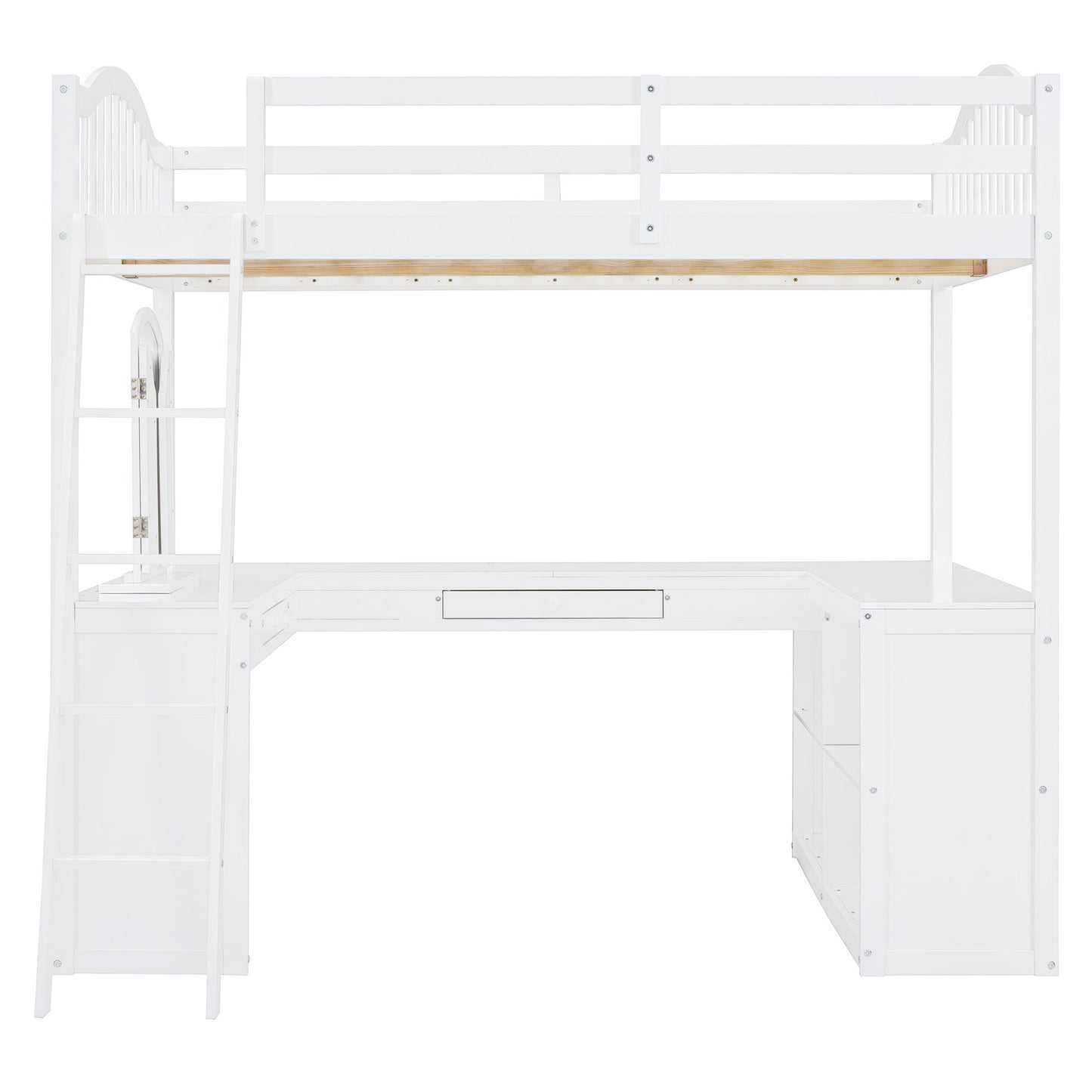 Full Loft Bed With U Shaped Desk, Storage Compartments And Tri Fold Mirror - White