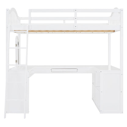 Full Loft Bed With U Shaped Desk, Storage Compartments And Tri Fold Mirror - White