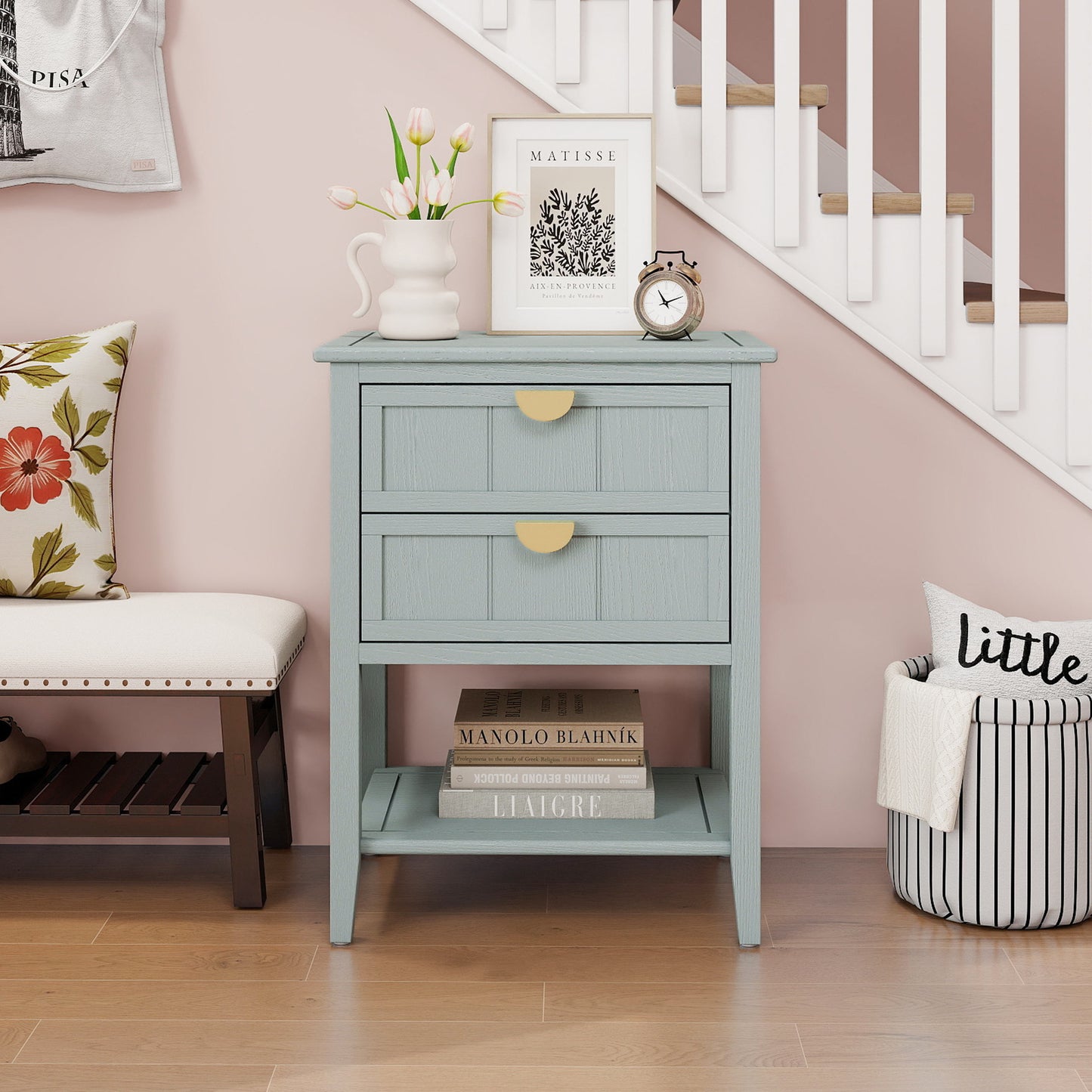 2 Drawer Side Table, American Style, End Table, Suitable For Bedroom, Living Room, Study - Light Gray