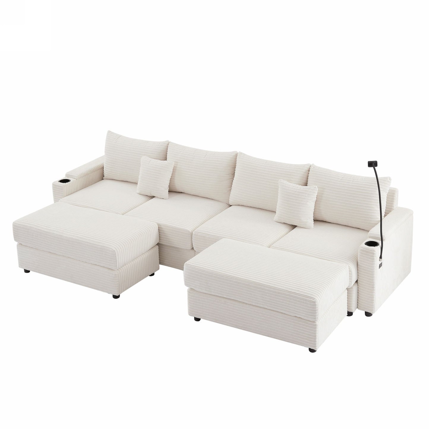 Modern Style 4 Seater Sofa Sectional Sofa Couch With Storage Space, Two Movable Ottomans, Two USB Ports, Two Cup Holders, A Phone Holder For Living Room - Beige