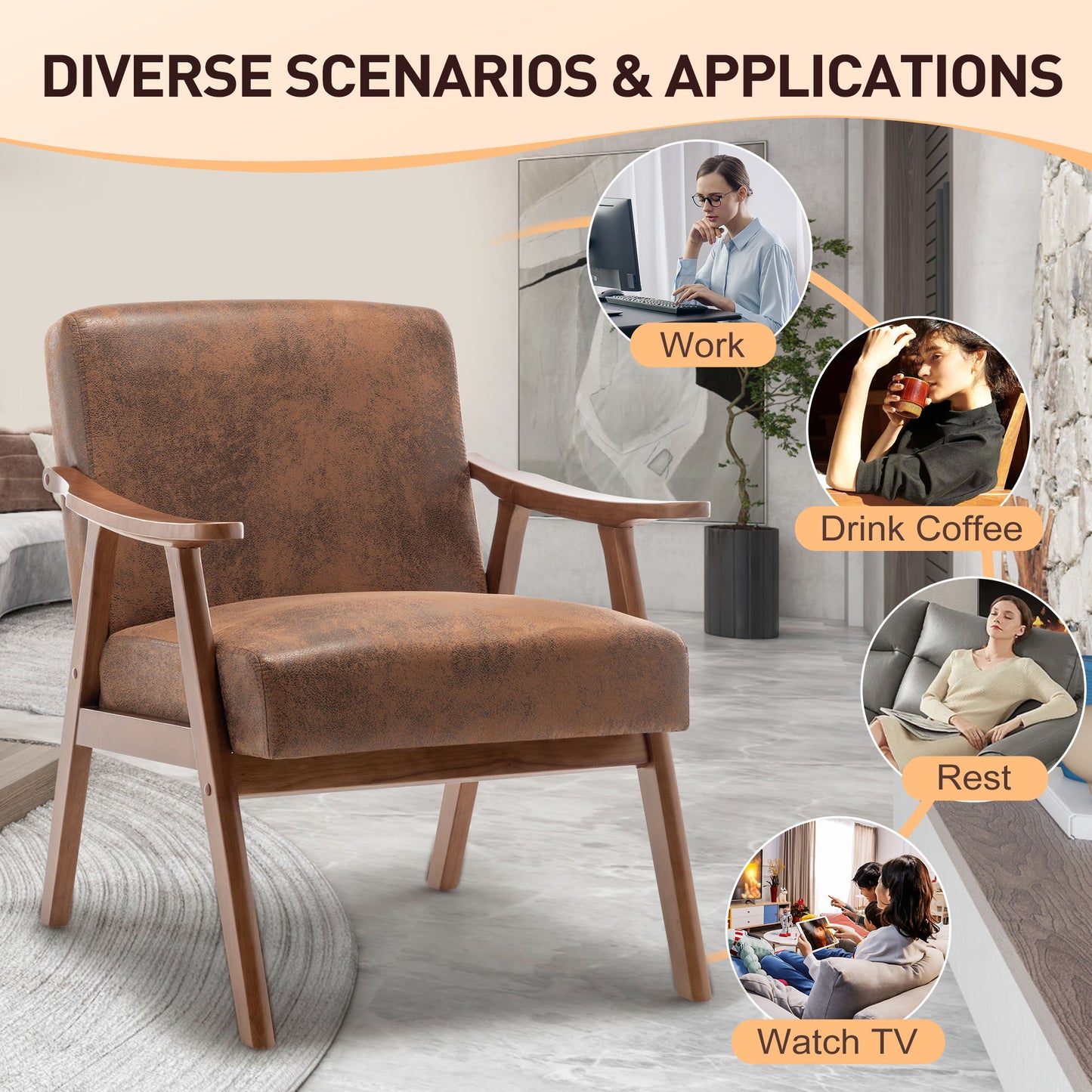 Mid Century Modern Wingback Accent Chair With Solid Wood Frame And Extra Thick Backrest - Lounge Chair For Living Room, Bedroom, Or Reading Room - Brown
