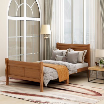 Twin Platform Bed Frame Mattress Foundation Sleigh Bed With Headboard, Footboard, Slat Support - Oak