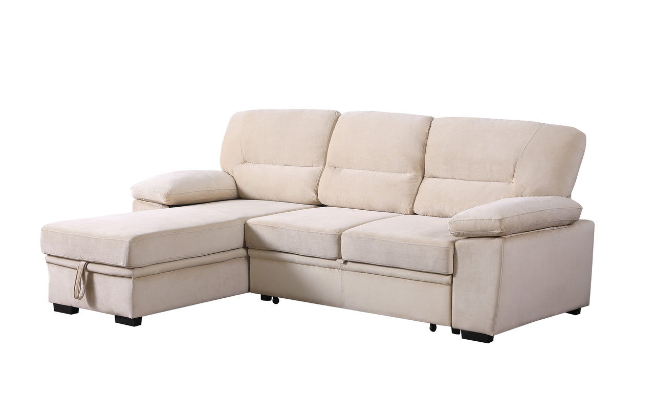 Kipling - Velvet Fabric Reversible Sleeper Sectional Sofa Chaise - Beige