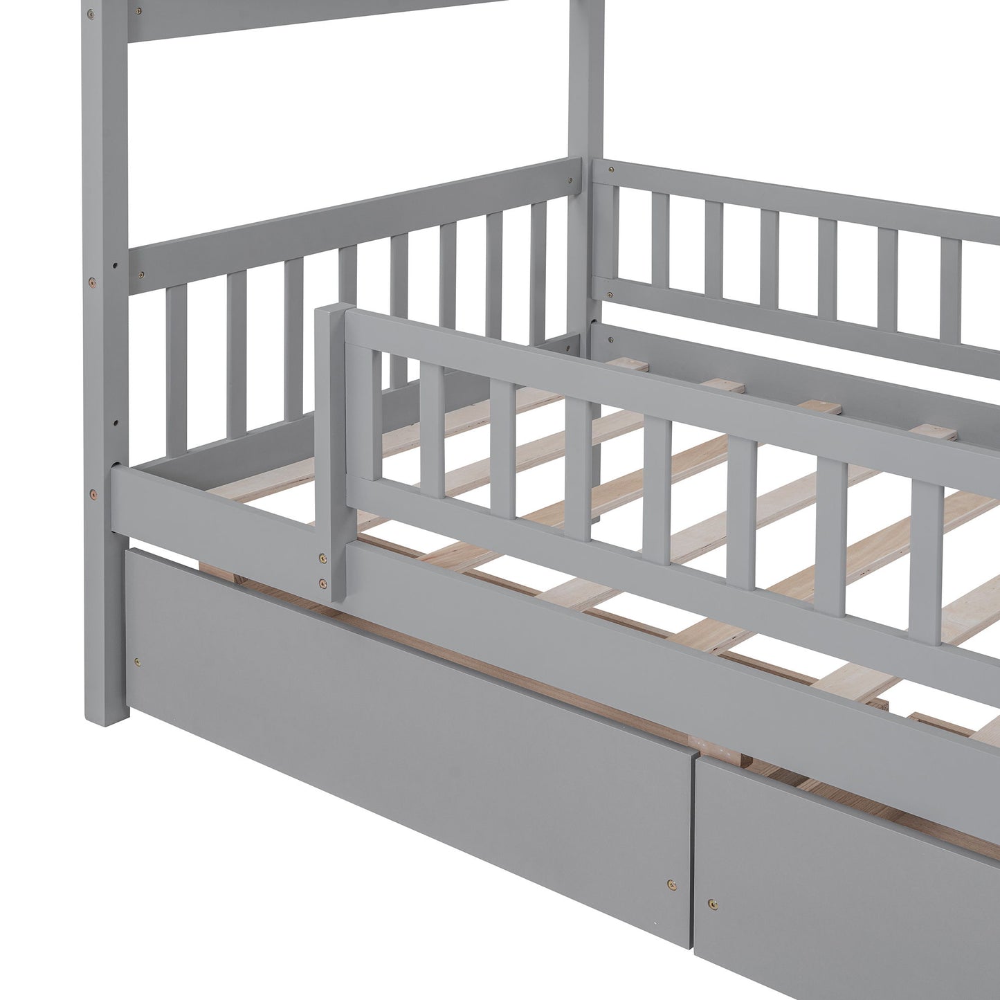 Twin Size House Bed With 2 Drawers - Gray