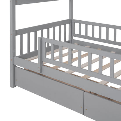 Twin Size House Bed With 2 Drawers - Gray