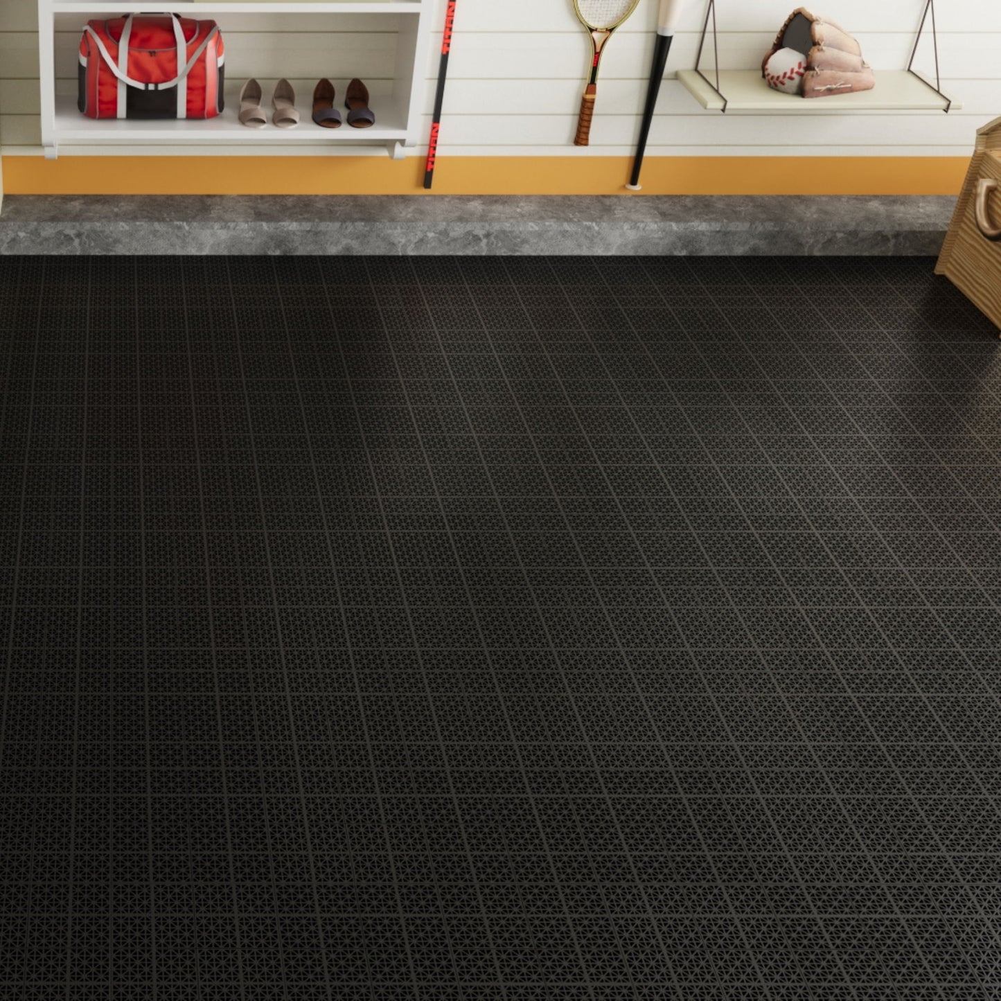 Interlocking Deck Tiles Plastic Waterproof Outdoor All Weather Anti-Slip Bathroom Shower Balcony Porch Strong Weight Capacity Upto 6613 Lbs, Rosette Pattern Pack Of 12 - Black