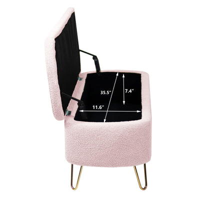 Storage Ottoman Bench For End Of Bed Gold Legs, Modern Gray Faux Fur Entryway Bench Upholstered Padded With Storage For Living Room Bedroom - Pink