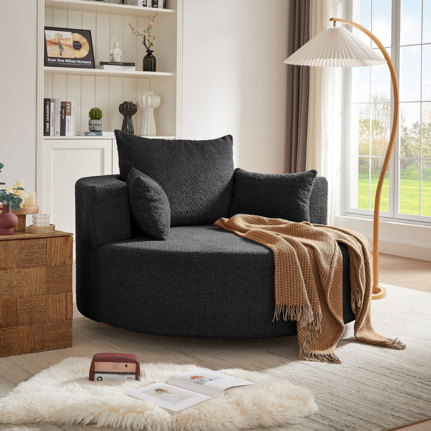 360 Degree Swivel Accent Barrel Chair With Removable Pillows - Black