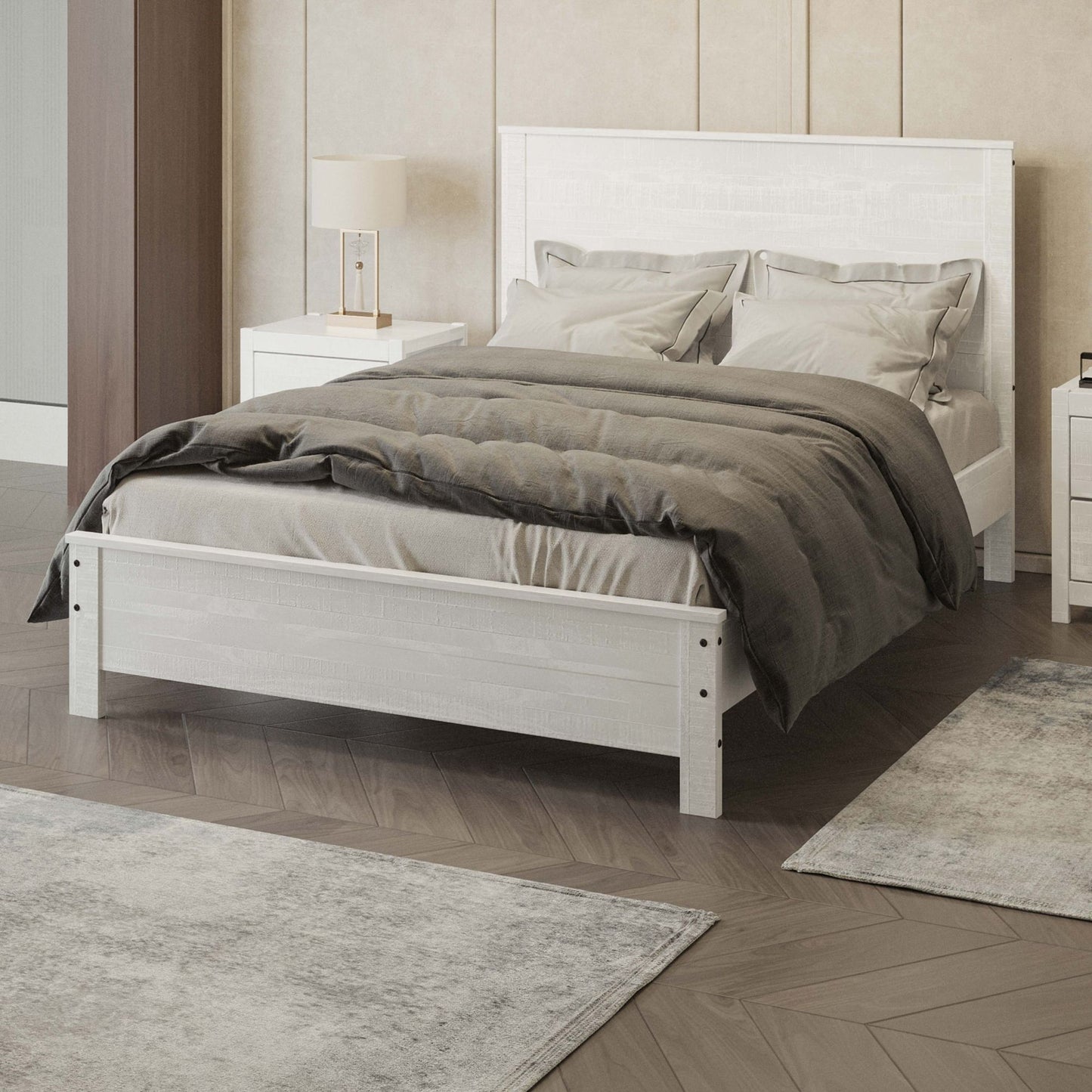 Albany - Queen Bed Frame With Headboard, Heavy Duty Modern Rustic Design - White