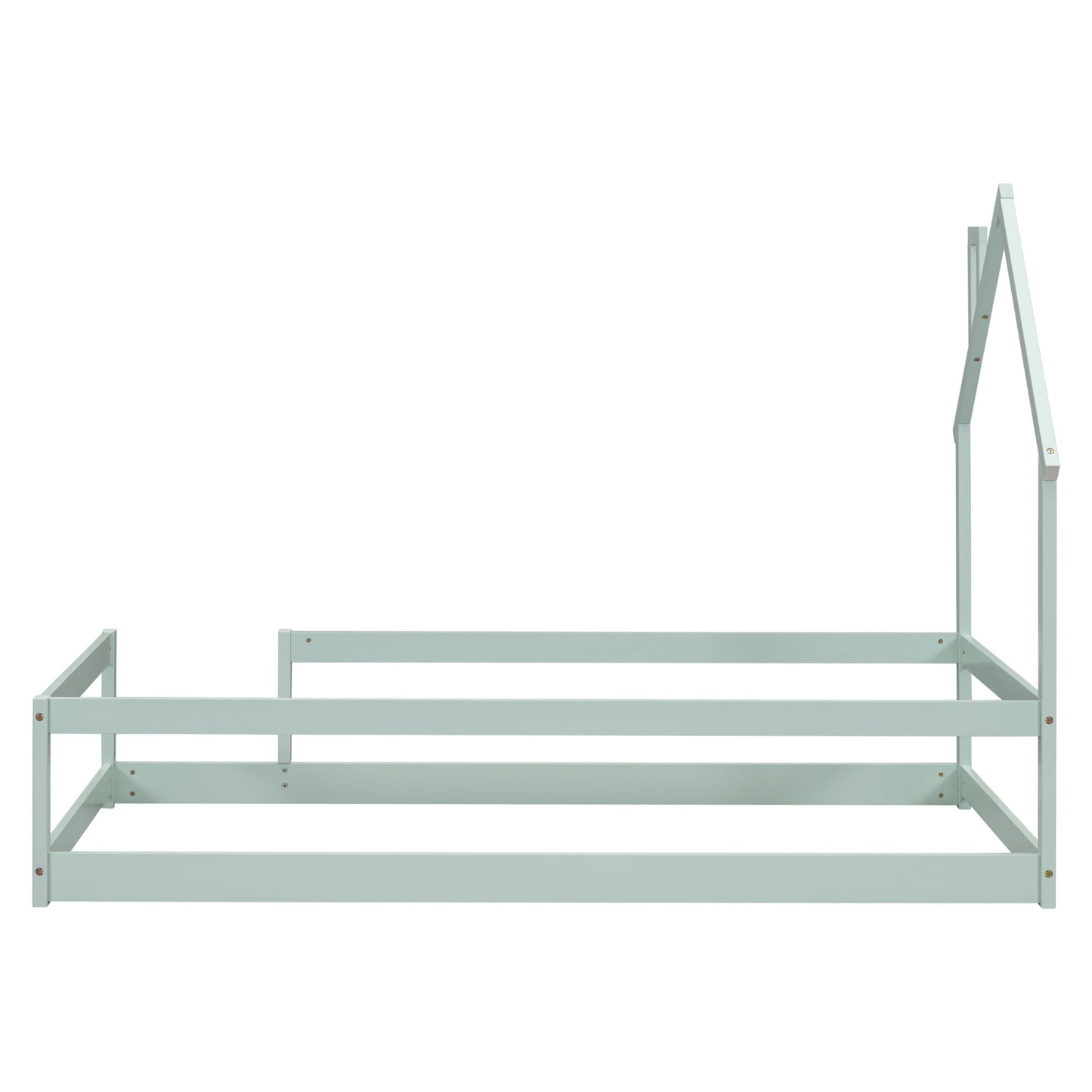 Twin Size Wood Bed With House-Shaped Headboard Floor Bed With Fences - Light Green