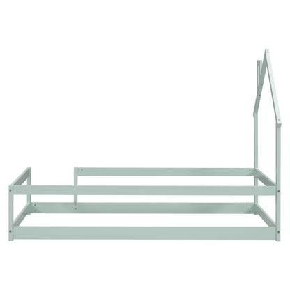 Twin Size Wood Bed With House-Shaped Headboard Floor Bed With Fences - Light Green