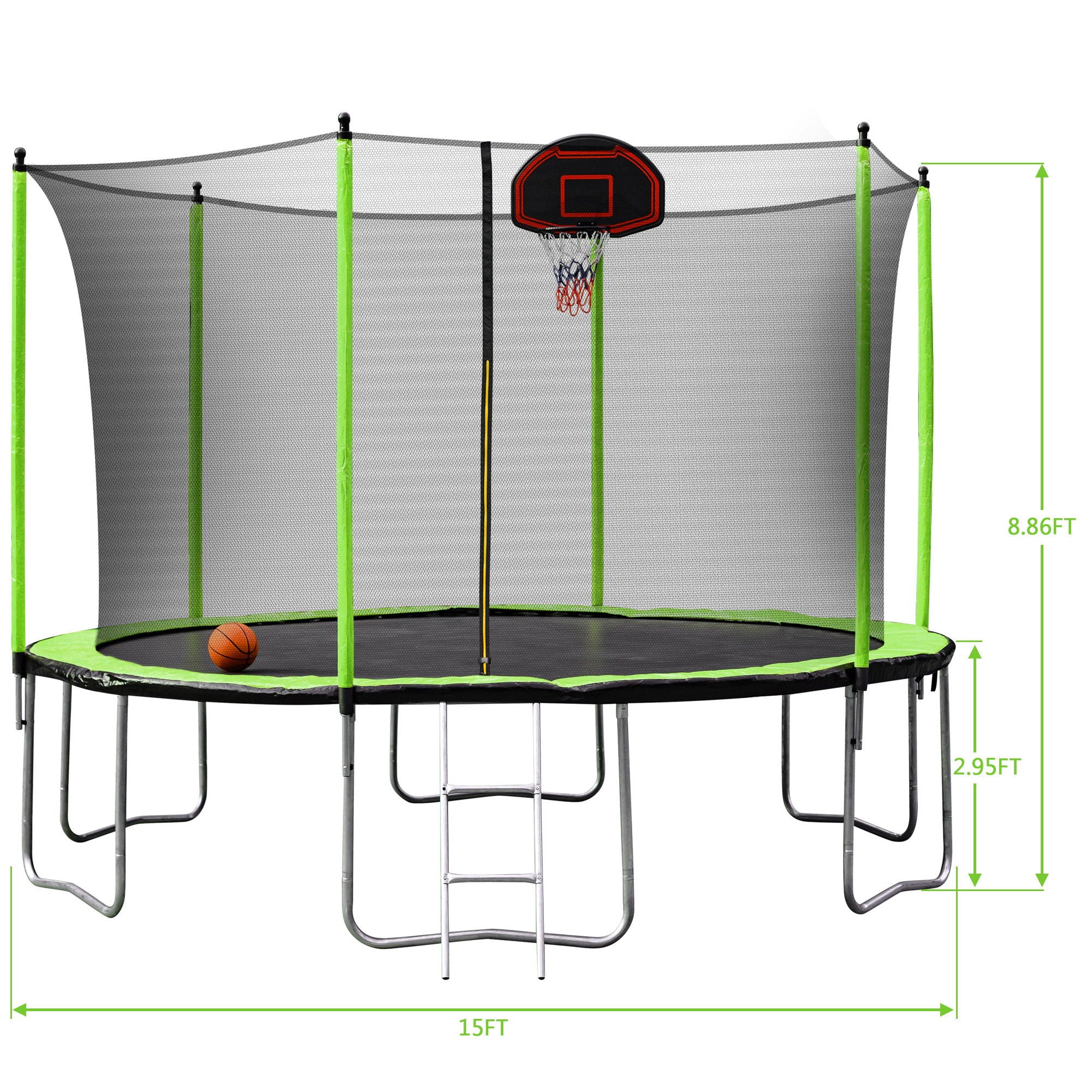 15Ft Trampoline With Basketball Hoop Inflator And Ladder (Inner Safety Enclosure) - Green