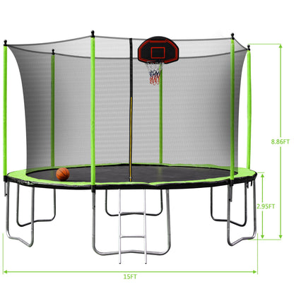 15Ft Trampoline With Basketball Hoop Inflator And Ladder (Inner Safety Enclosure) - Green