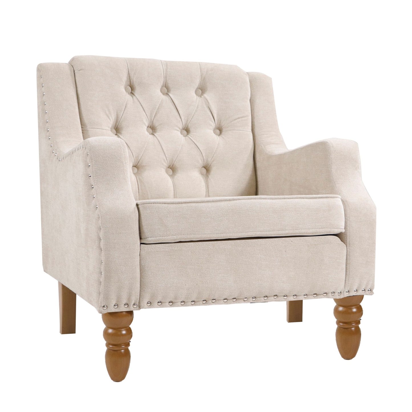 Accent Chair, Living Room Chair, Footrest Chair Set With Vintage Brass Studs, Button Tufted Upholstered Armchair For Living Room, Comfy Reading Chair For Bedroom, Reception Room - Beige