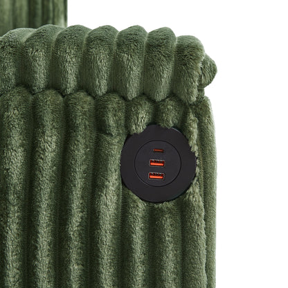 Modern 4 Seater Corduroy Sofa With USB Ports, Hidden Storage Arms, Flip Top Cup Holders - Green