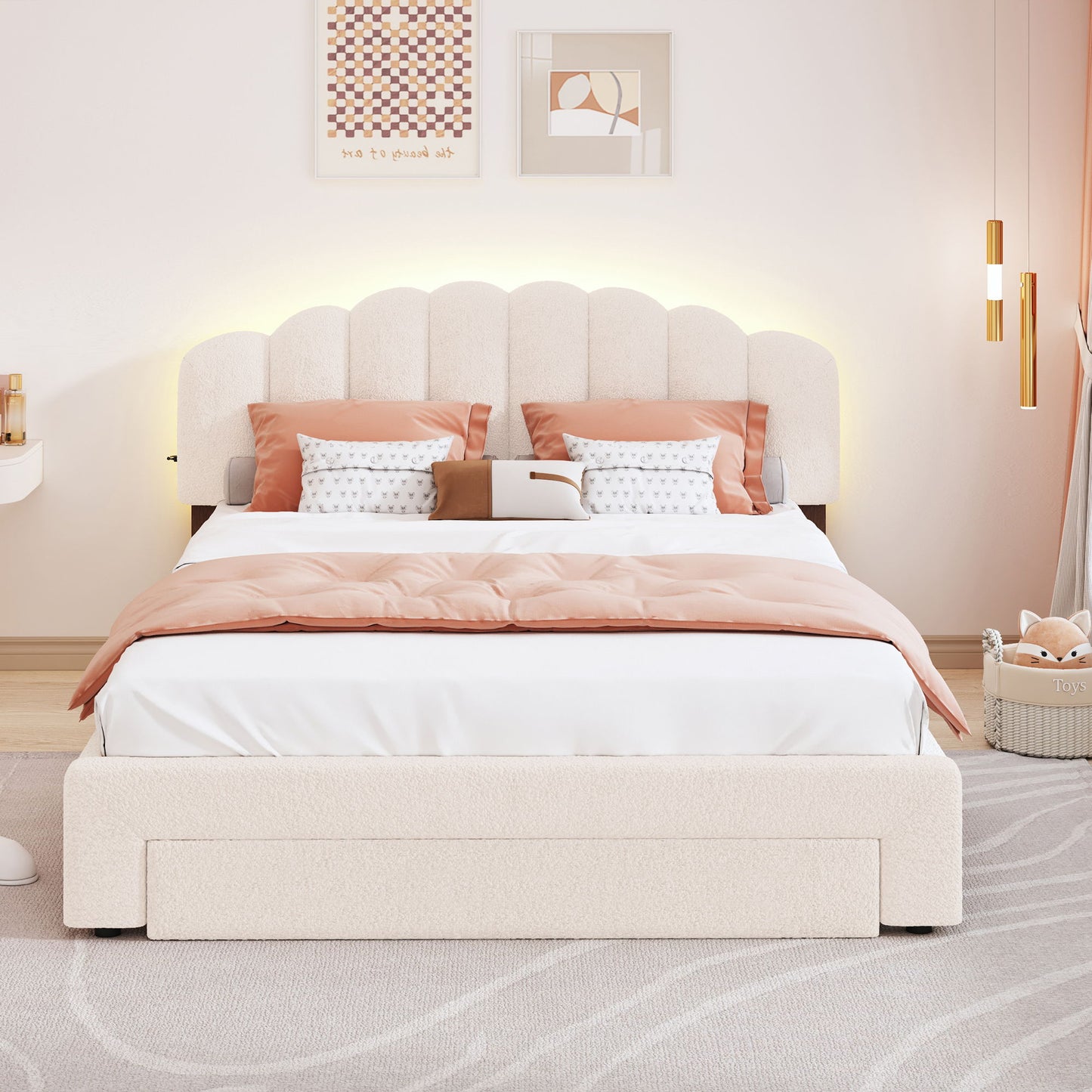 Queen Size Upholstered Platform Bed With Drawer - Beige
