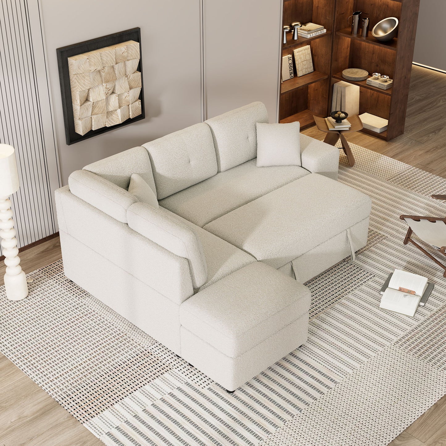 Convertible Sleeper, Sectional Pull Out Sofa Bed With Storage Ottoman, 2 Throw Pillows, 2 Stools, Wireless Charger And Two Hidden USB Ports For Living Room - Cream