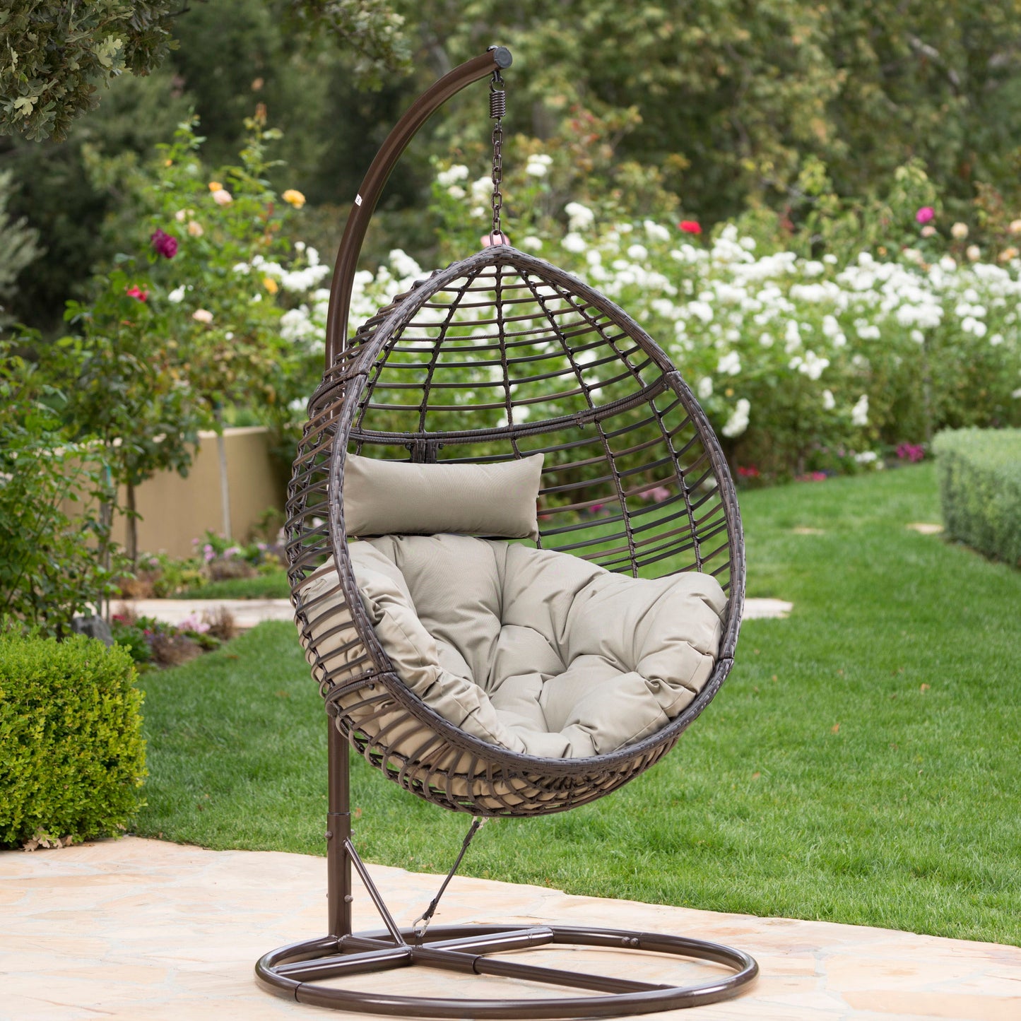 Hanging Basket Chair With Metal Frame And Seat Cushion - Khaki
