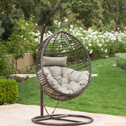 Hanging Basket Chair With Metal Frame And Seat Cushion - Khaki
