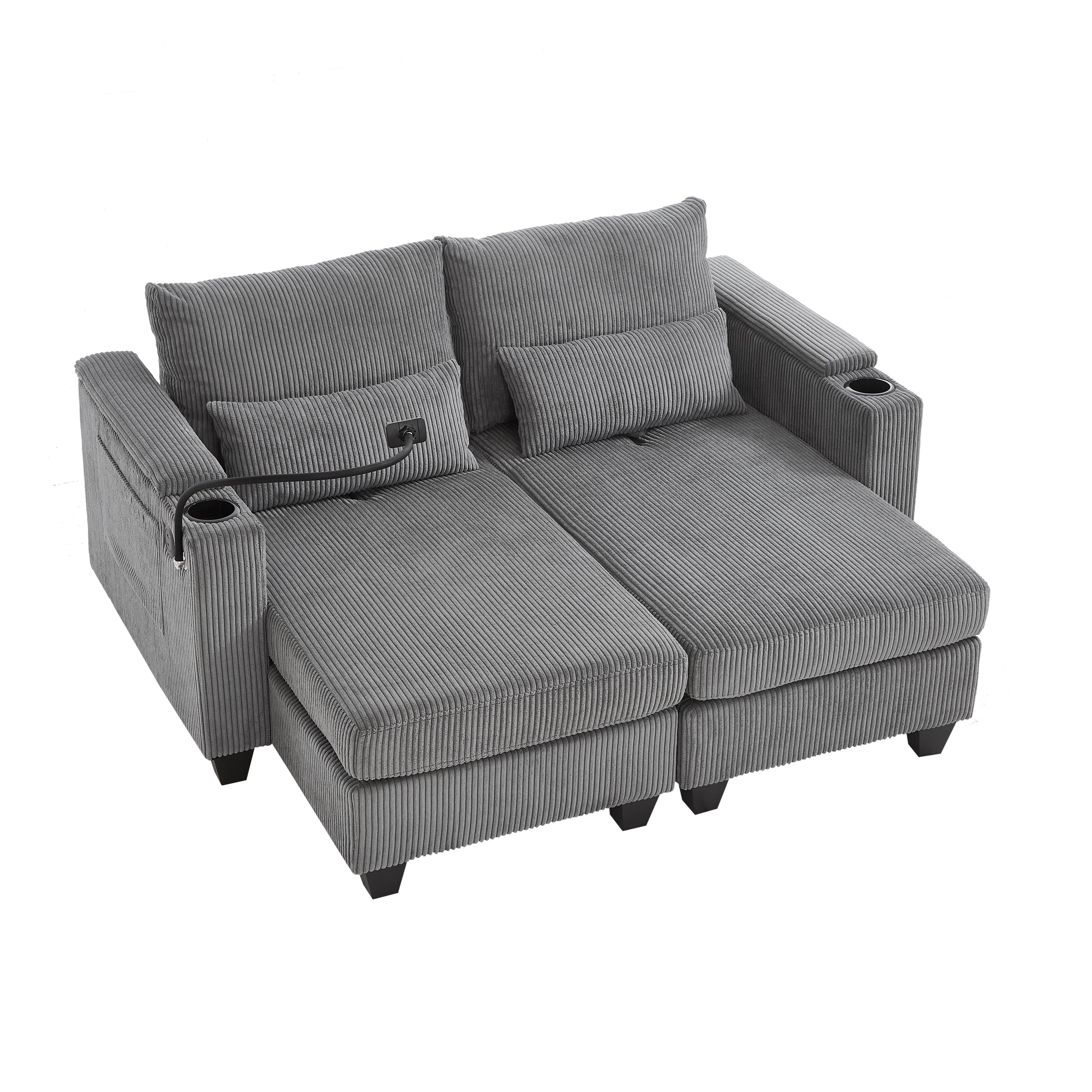 Convertible Chaise Lounge Loveseat Sofa Bed With USB Ports, Cup Holders, Phone Holder, Ample Storage - Gray