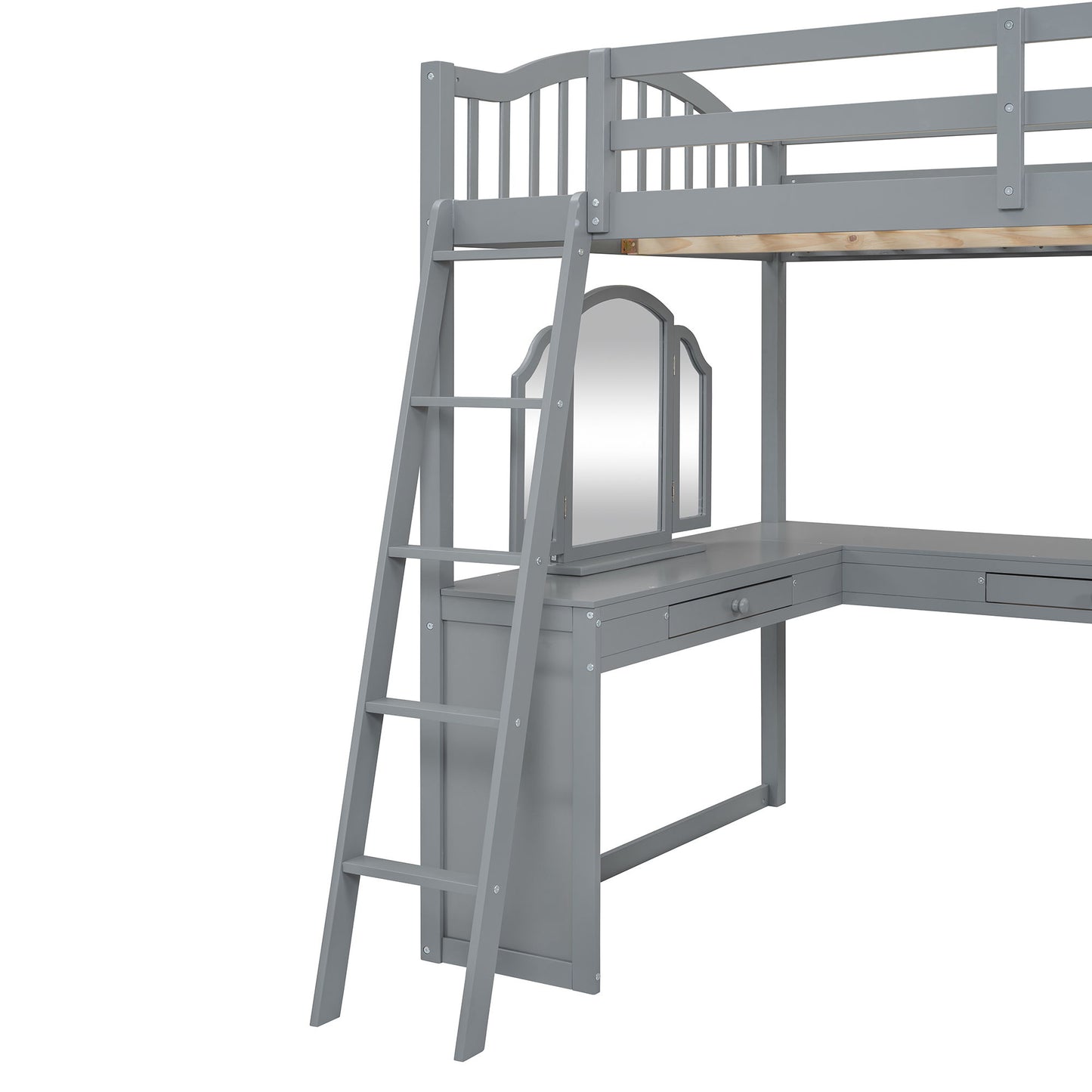 Full Loft Bed With U Shaped Desk, Storage Compartments And Tri Fold Mirror - Gray