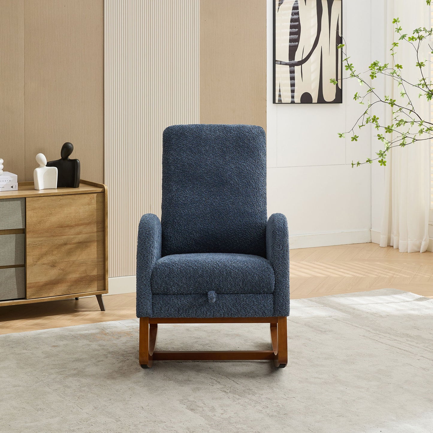 Rocking Chair For Nursery, High Back Glider Chair With Retractable Footrest, Side Pocket, Rocking Accent Armchair With Rubber Wood Legs For Living Room / Bedroom - Navy