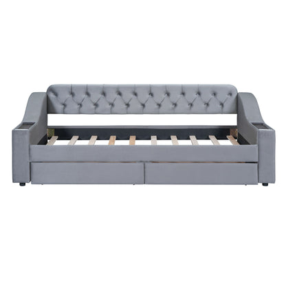 Twin Size Upholstered Daybed With Storage Armrests And USB Port - Gray