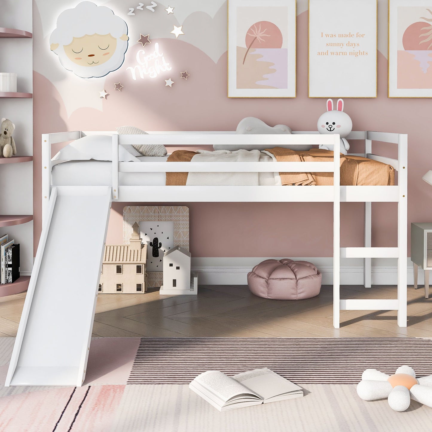 Twin Loft Bed With Slide, Multifunctional Design - White