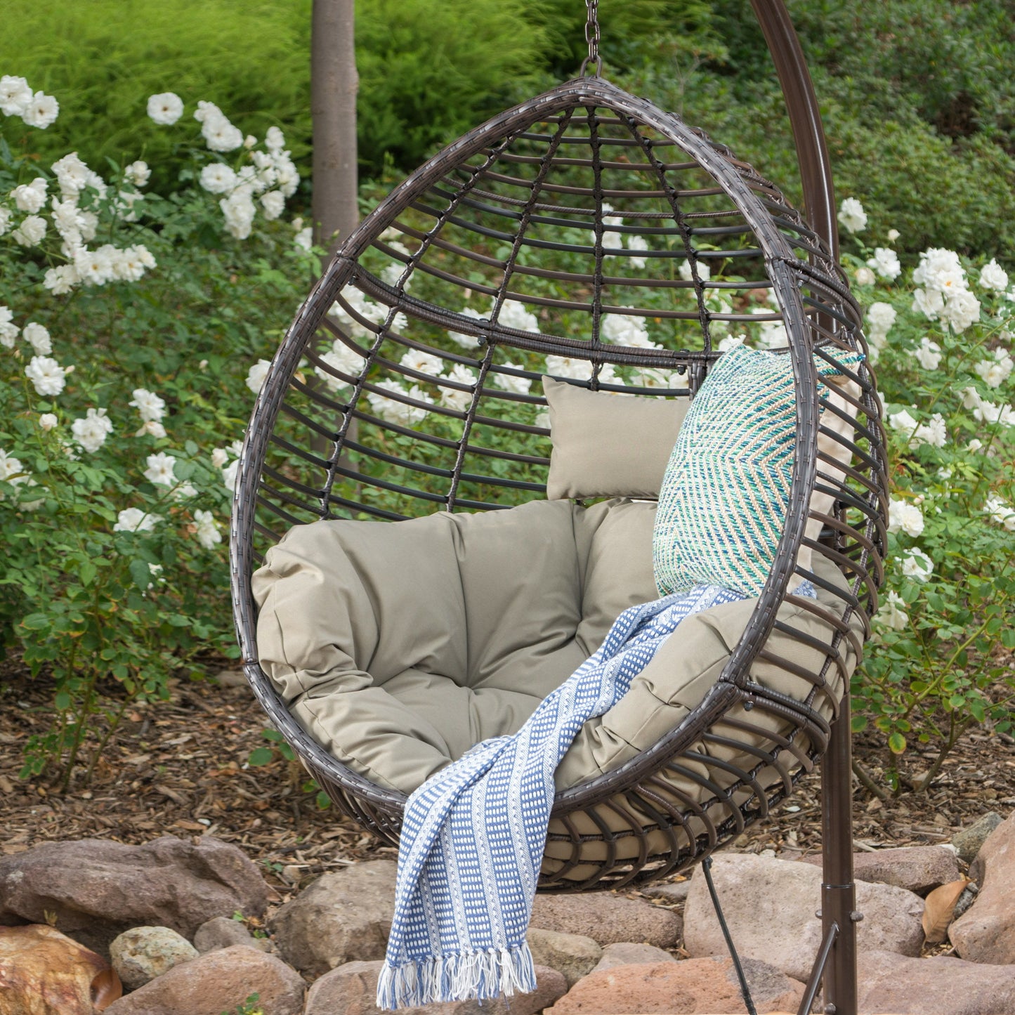 Hanging Basket Chair With Metal Frame And Seat Cushion - Khaki
