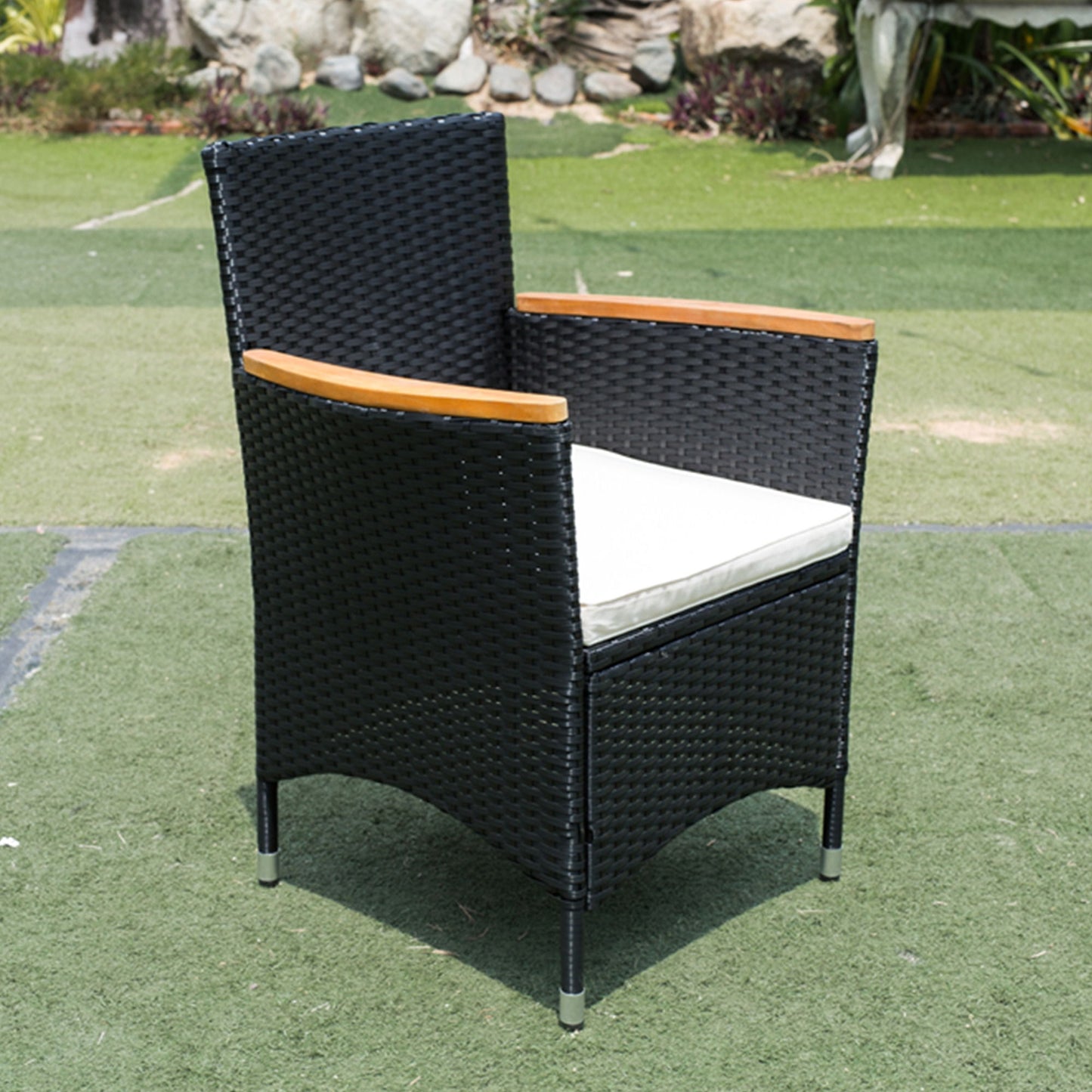 7 Piece Outdoor Patio Wicker Dining Set Patio Wicker Furniture Dining Set - Black / Cream