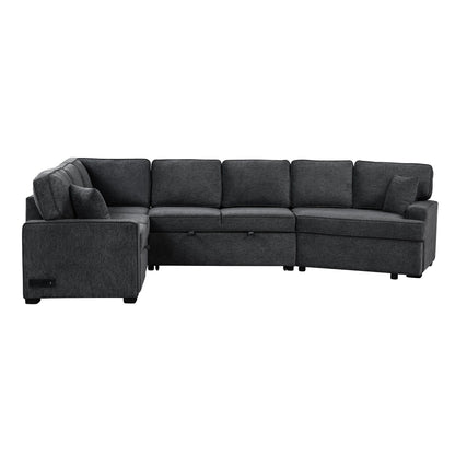 L-Shaped Sofa Sectional Sofa Couch Pull-Out Sofa Bed With Charging Devices And Cup Holders For Living Room - Blue Black