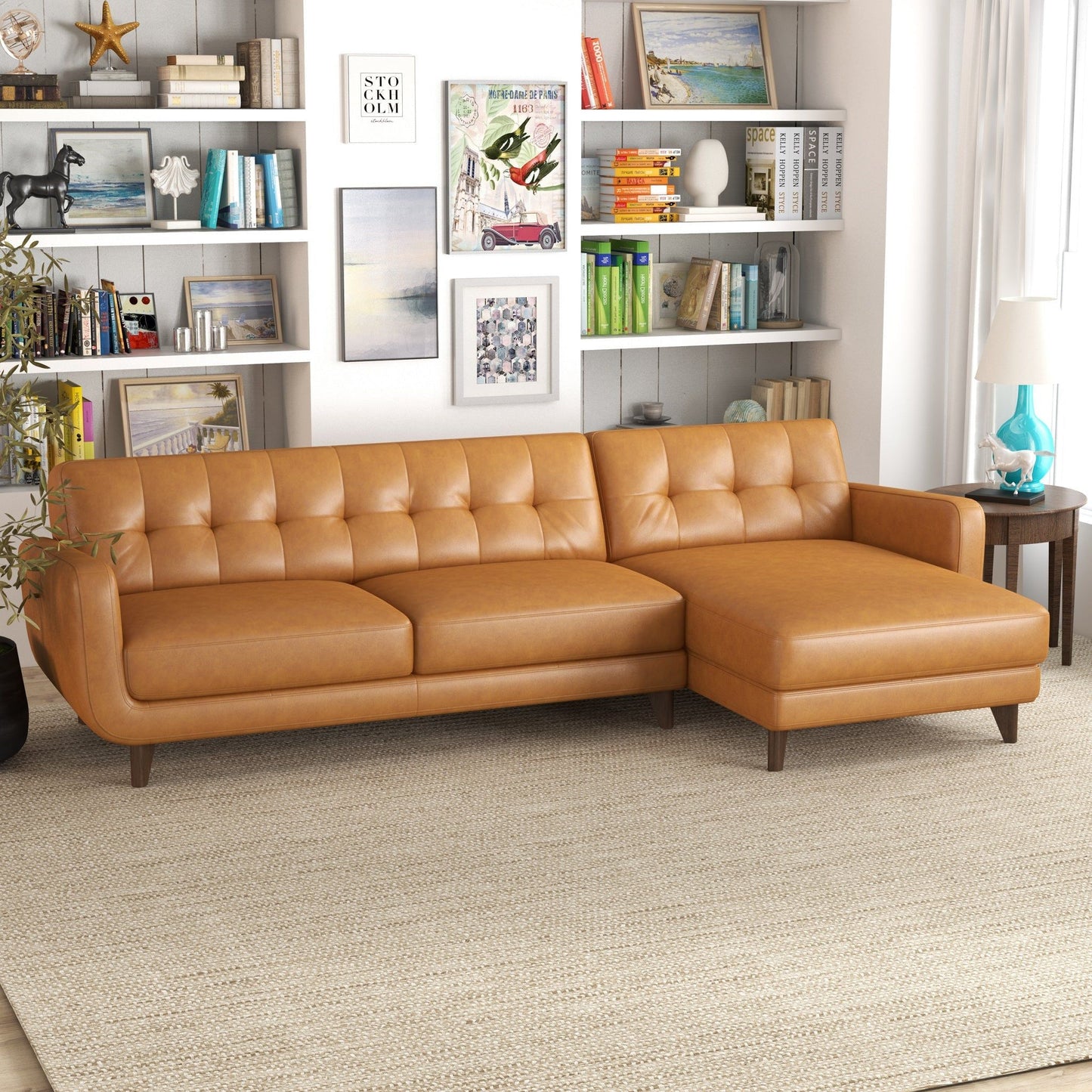 Allison - Right Facing Leather Sectional Sofa - Tan
