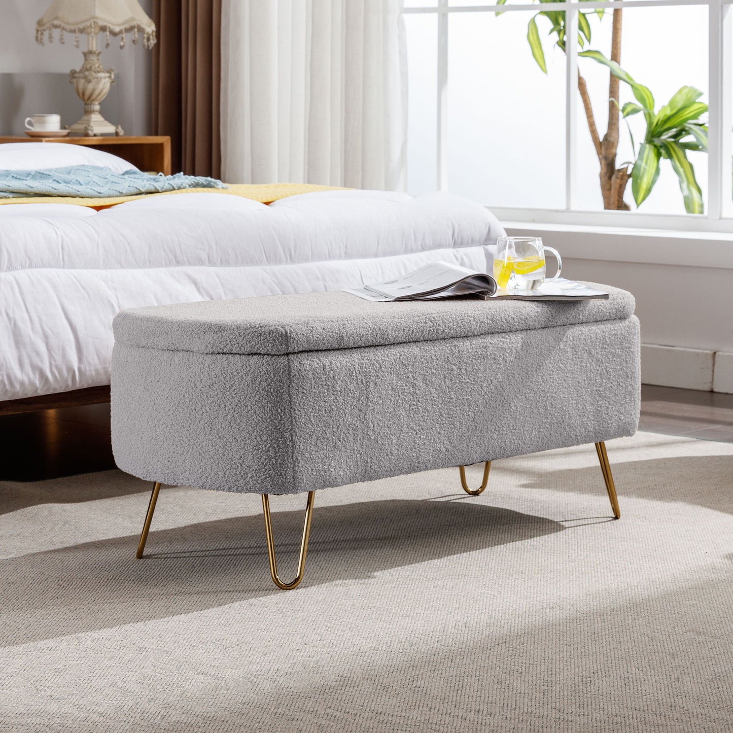 Storage Ottoman Bench For End Of Bed Gold Legs, Modern Gray Faux Fur Entryway Bench Upholstered Padded With Storage For Living Room Bedroom - Gray