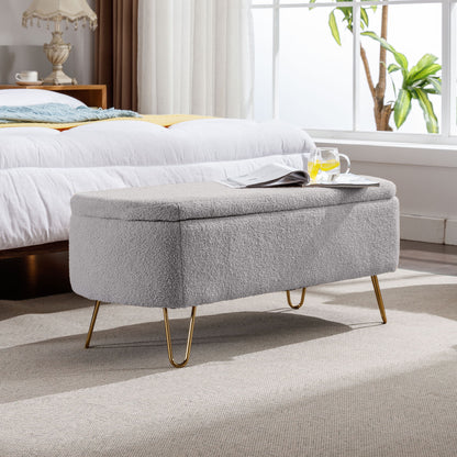 Storage Ottoman Bench For End Of Bed Gold Legs, Modern Gray Faux Fur Entryway Bench Upholstered Padded With Storage For Living Room Bedroom - Gray