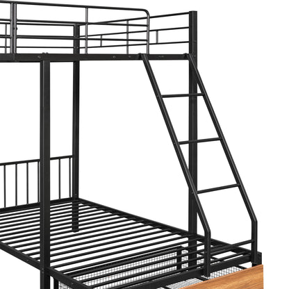 Full Over Twin & Twin Bunk Bed, Triple Bunk Bed With Drawers And Guardrails - Black