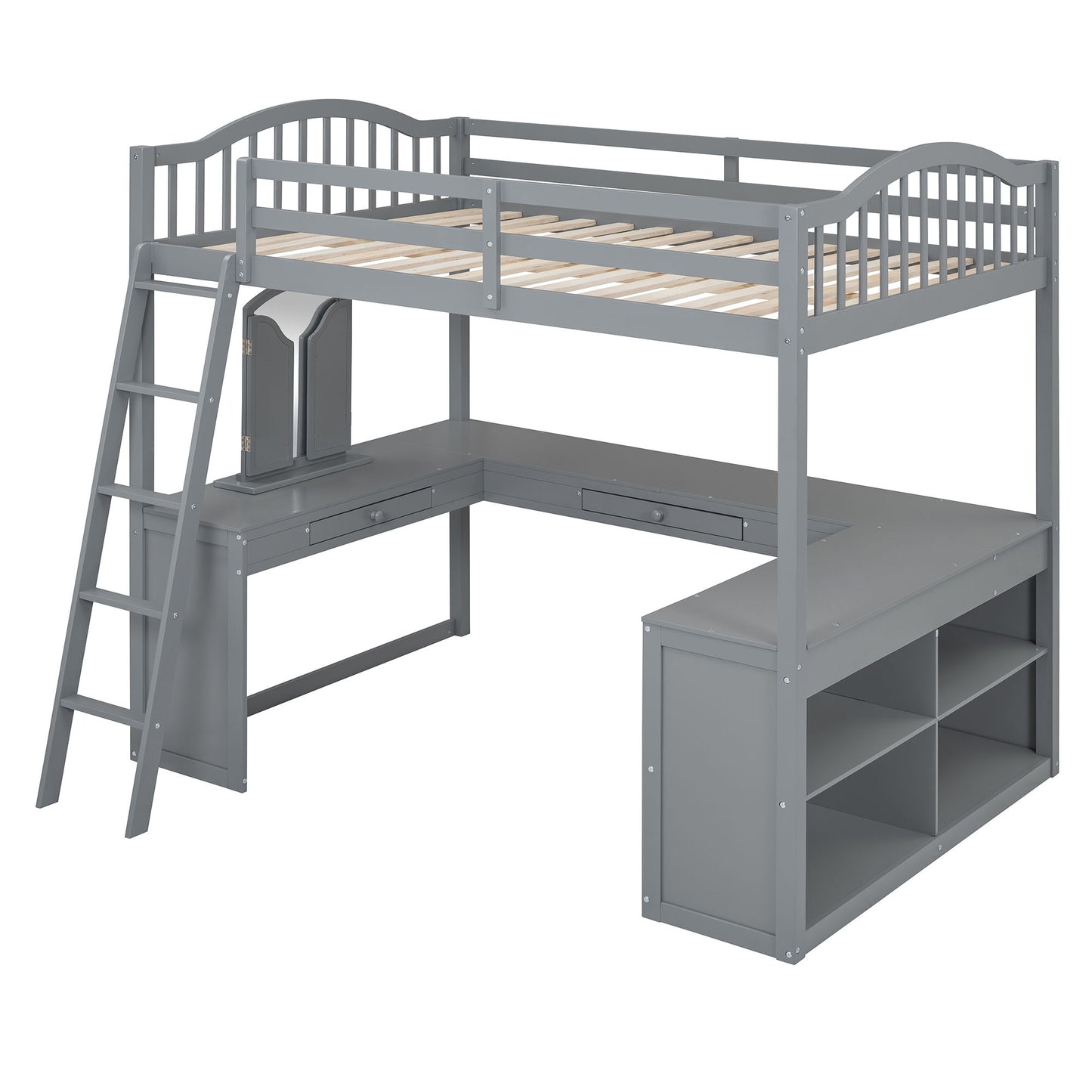Full Loft Bed With U Shaped Desk, Storage Compartments And Tri Fold Mirror - Gray