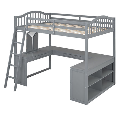 Full Loft Bed With U Shaped Desk, Storage Compartments And Tri Fold Mirror - Gray