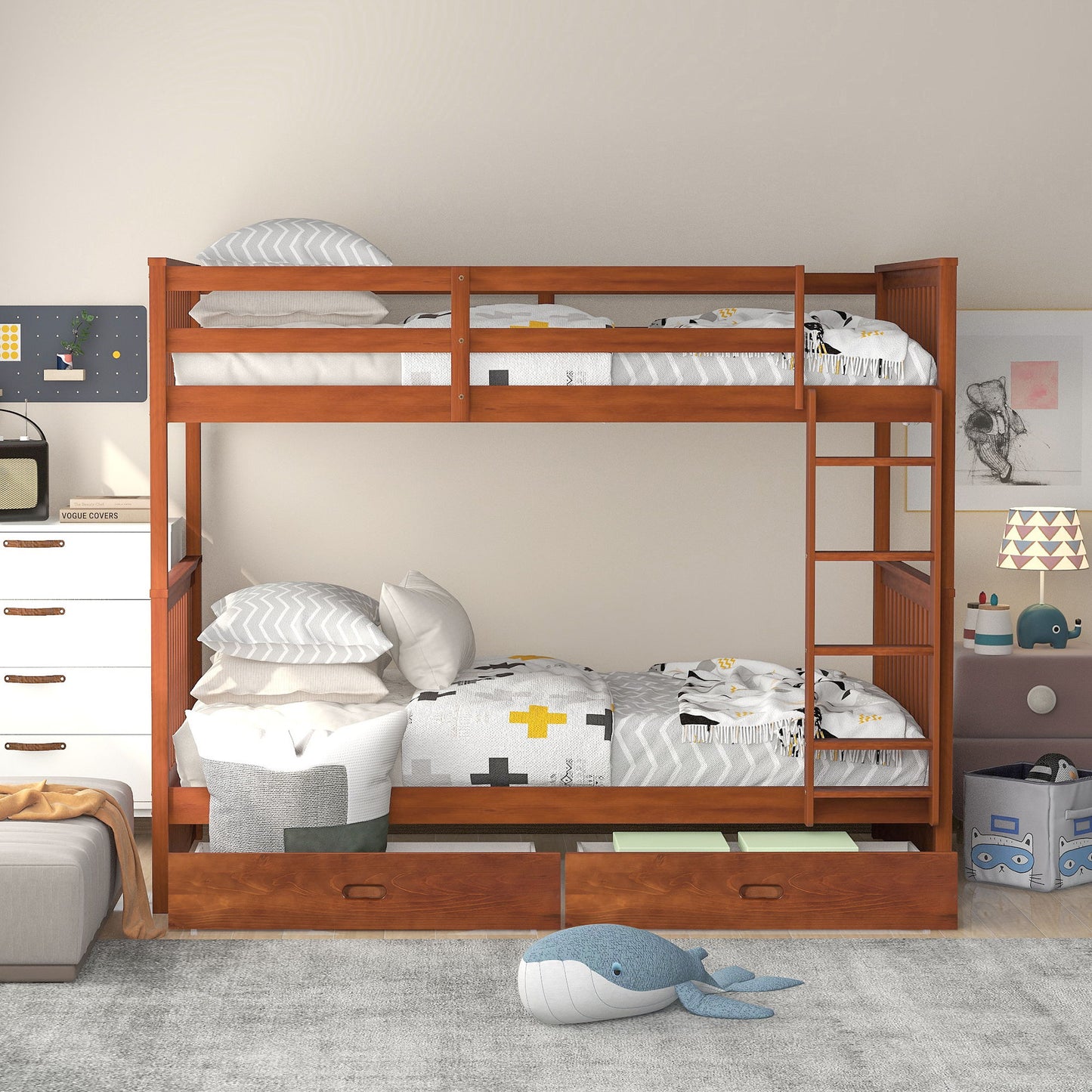Twin Over Twin Bunk Bed With Ladders And 2 Storage Drawers - Walnut
