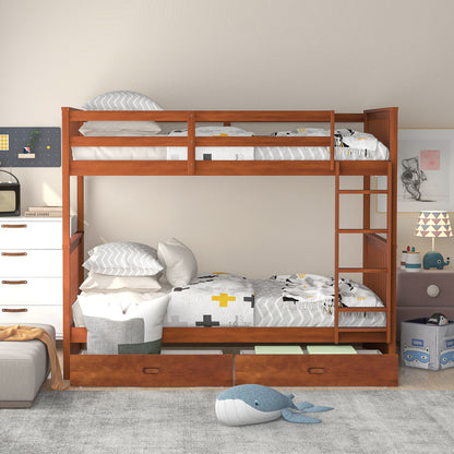 Twin Over Twin Bunk Bed With Ladders And 2 Storage Drawers - Walnut
