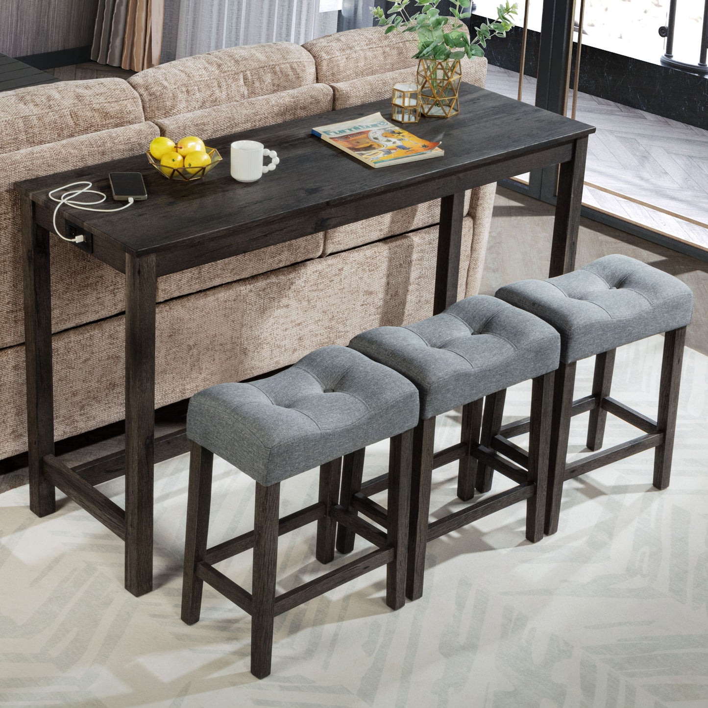 4 Piece Bar Table Set With Power Outlet, Bar Table Set With Chairs, Sofa Bar Table With Stools, Behind Couch Table With 3 Padded Stools, For Living Room, Dining Room - Dark Gray