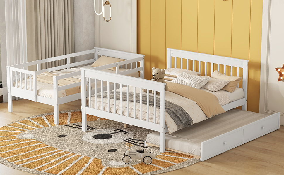 Twin Over Full Bunk Bed With Twin Size Trundle, Storage And Guard Rail For Bedroom - White