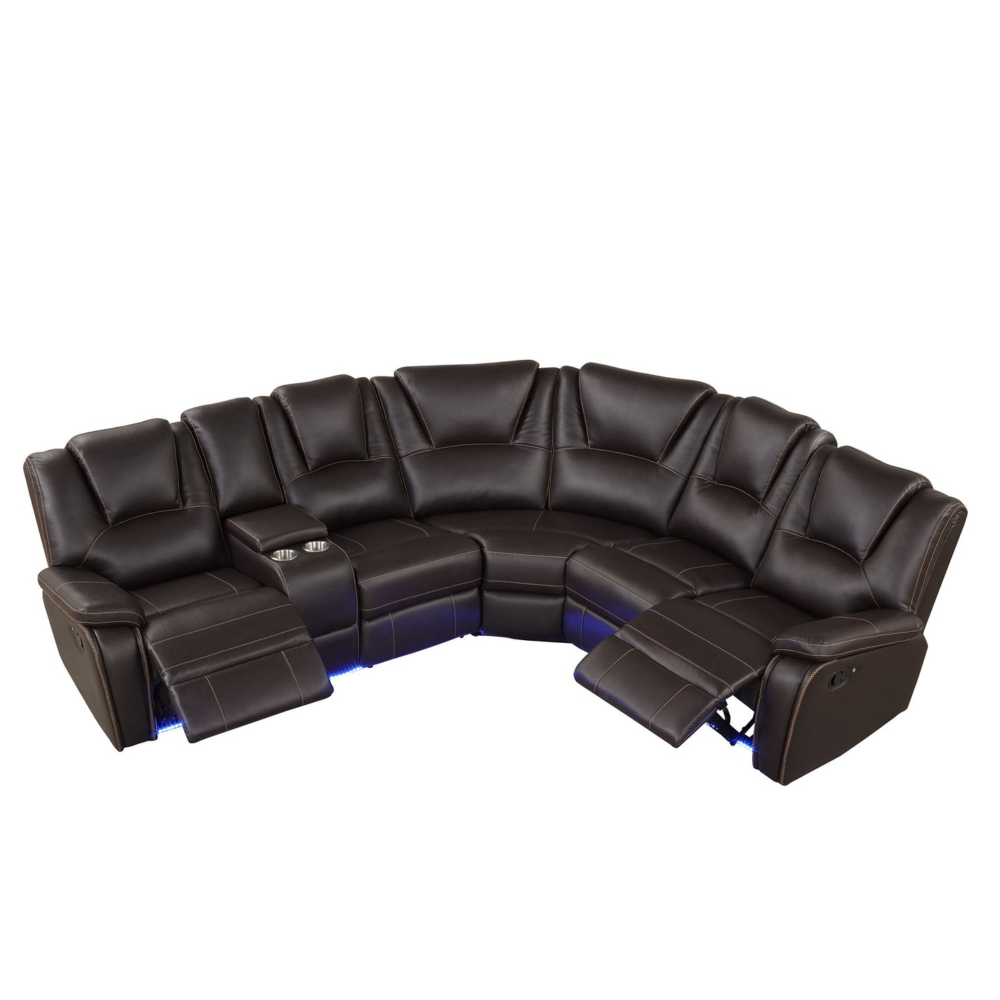 Modern Faux Leather Manual Reclining With Center Console And LED Light Strip, Living Room Furniture Set, Symmetrical Couch With 2 Cup Holders And Storage For Living Room - Brown