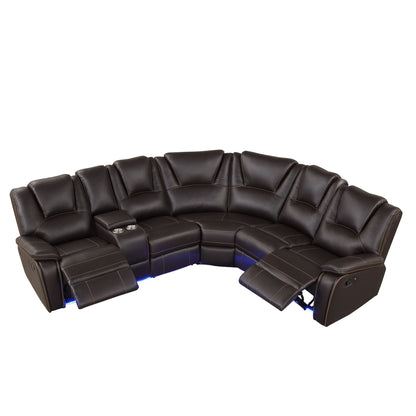 Modern Faux Leather Manual Reclining With Center Console And LED Light Strip, Living Room Furniture Set, Symmetrical Couch With 2 Cup Holders And Storage For Living Room - Brown