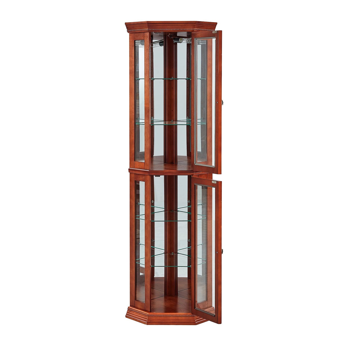 Corner Curio Cabinet With Lights, Adjustable Tempered Glass Shelves, Mirrored Back, Display Cabinet (E26 Light Bulb Not Included) - Light Walnut