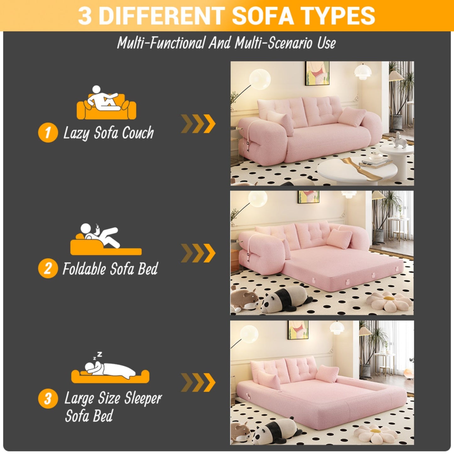 Human Dog Bed, Lazy Sofa Couch, Multifunctional Foldable Sofa Bed, 3 In 1 Teddy Fabric Sleeper Sofa Bed For Living Room Guest Bed, Playroom - Pink
