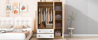 3 Doors Rattan Wardrobe Storage For Bedroom, With 2 Drawers - White / Nature