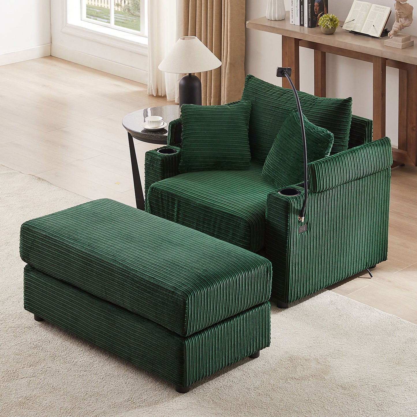 Modern Style Single Sofa Sofa Couch With Storage Space, A Movable Ottoman, Two USB Ports, Two Cup Holders, A Phone Holder For Living Room - Green