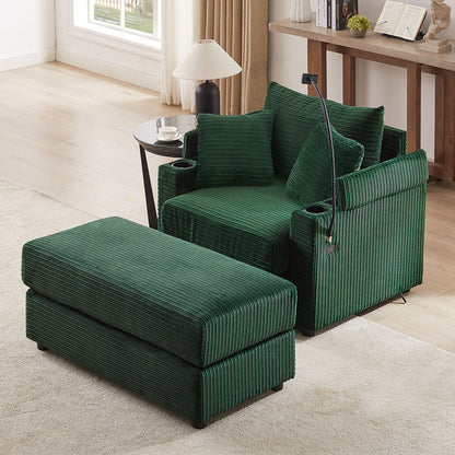 Modern Style Single Sofa Sofa Couch With Storage Space, A Movable Ottoman, Two USB Ports, Two Cup Holders, A Phone Holder For Living Room - Green